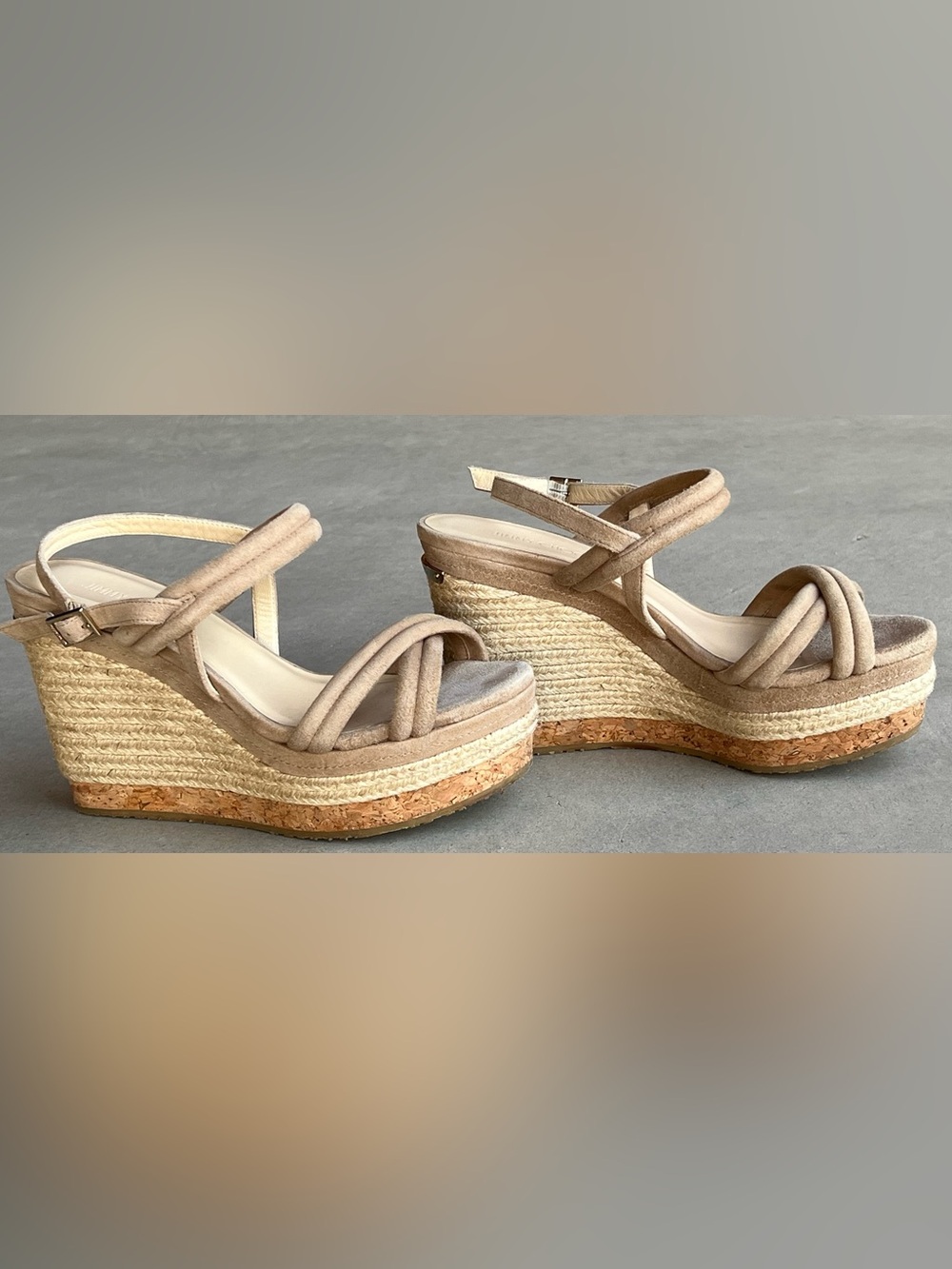 Jimmy Choo Size 38.5 Taupe Suede Espadrille Platform Wedge Sandals Ankle Strap